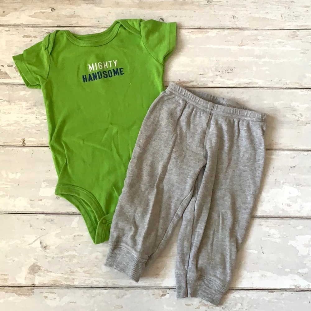 Baby Boys 12m Outfit Carters Green Onesie Gray Pants Mighty Handsome